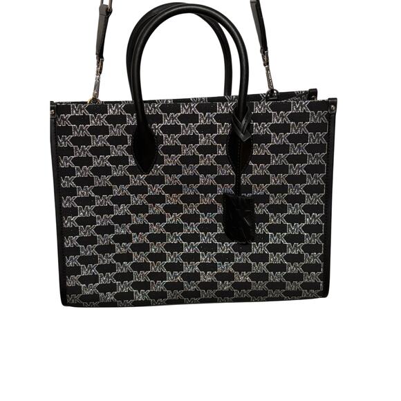 Michael Kors Jet Set Large Tote Bag Black MK Logo Sparkle Shoulder Purse - Picture 4 of 7